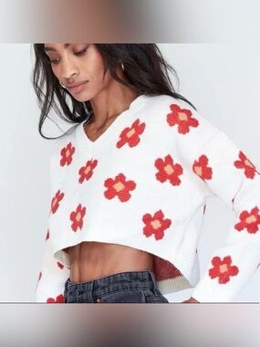 Princess Polly Field Of Flowers Sweater Red White Floral Cropped Y2K S/M